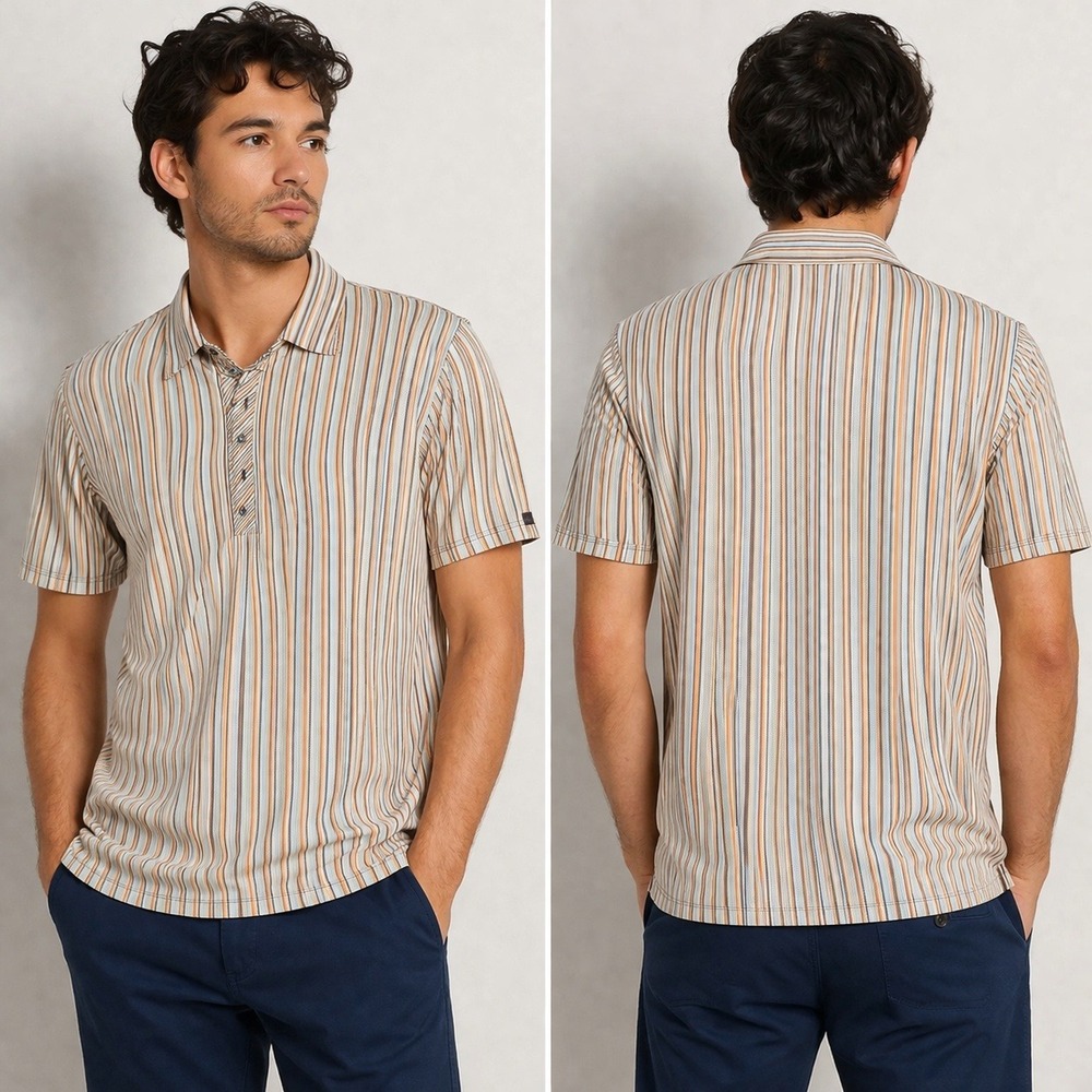Hugo Boss Mercerised Cotton Striped Polo Shirt Mens Brown Orange Short Sleeve M